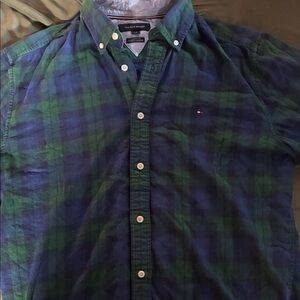 Tommy Hilfiger Men's Blue and Green Checkered Shirt